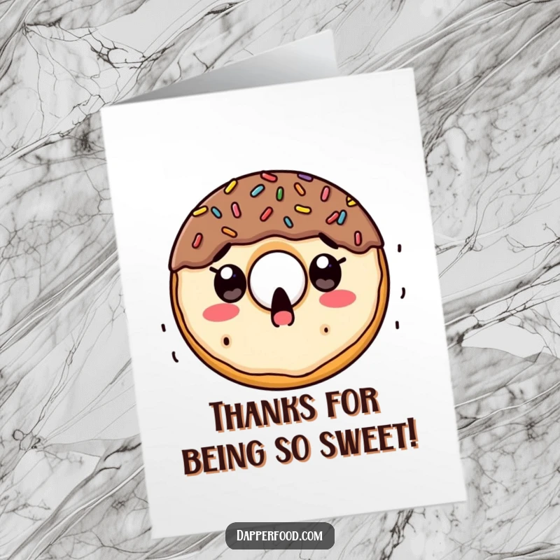 Funny Free Printable Thank You Card: Surprised doughnut character with sprinkles raining down, expressing thanks sweetly, downloadable art.