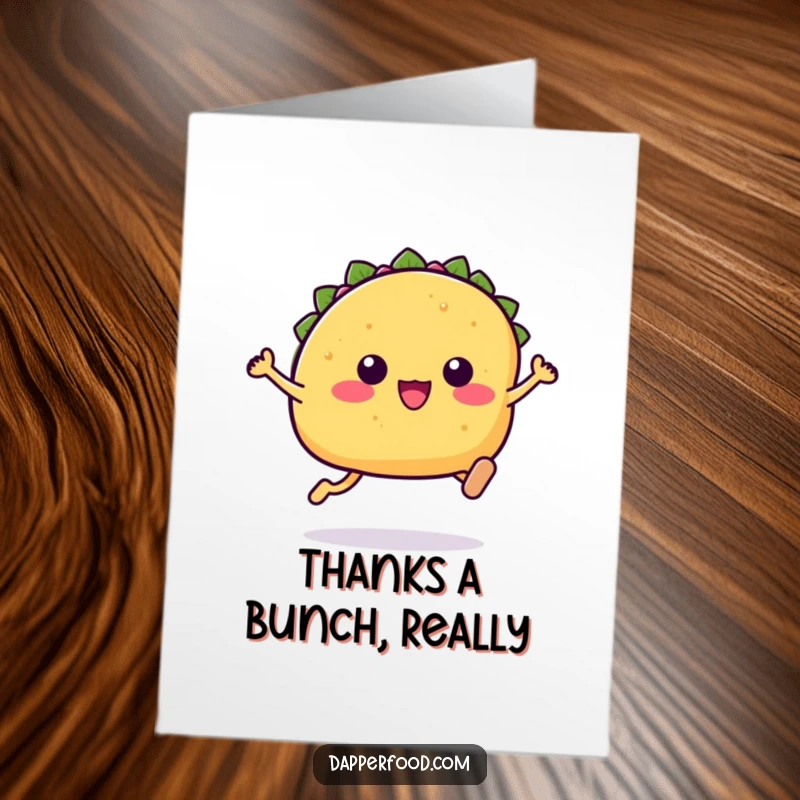 Funny Free Printable Thank You Card: A Kawaii taco character enthusiastically leaping high, conveying thanks with joyful energy.