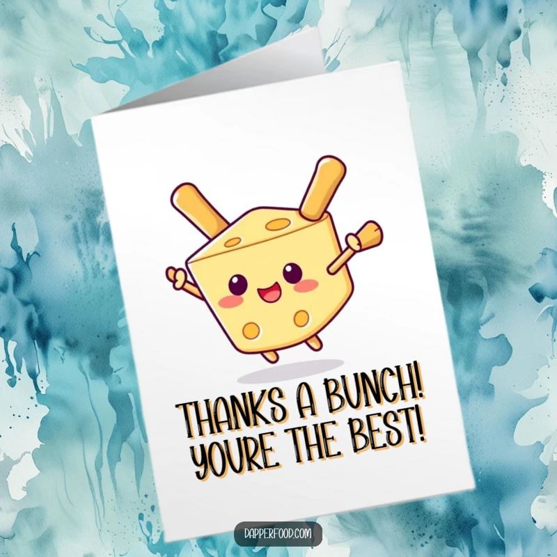 Funny Free Printable Thank You Card: Delighted cheese wedge floats with breadstick wings, expressing thanks.