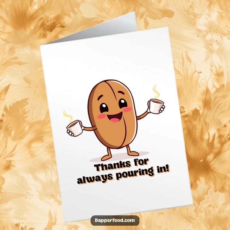 Funny Free Printable Thank You Card: A grinning coffee bean character juggling tiny, steaming cups with impressive skill.
