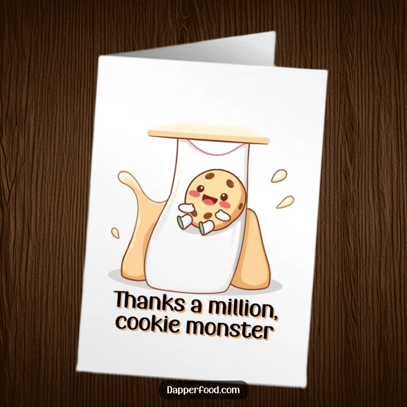 Funny Free Printable Thank You Card: Giggling cookie sliding down milk slide, heartfelt thanks digital card