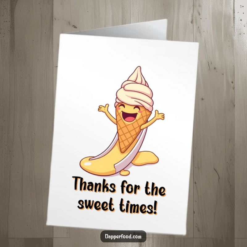 Funny Free Printable Thank You Card: Laughing Ice Cream Cone with Arms Sliding Down a Syrup Slide, Sweet Thanks