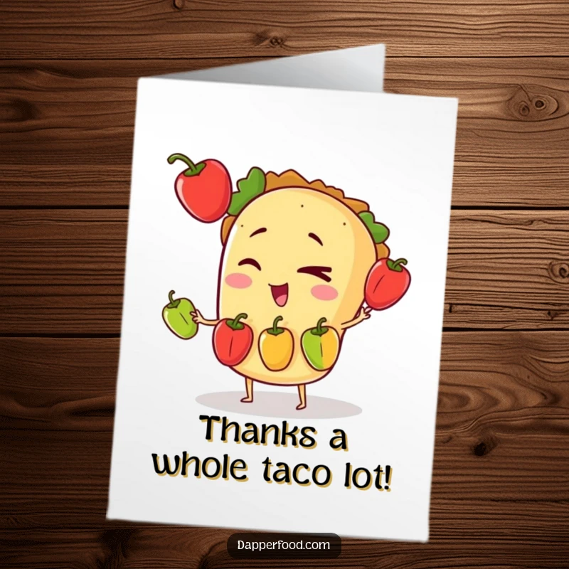 Funny Free Printable Thank You Card: Winking taco character juggling bell peppers, expressing thanks playfully, downloadable art.