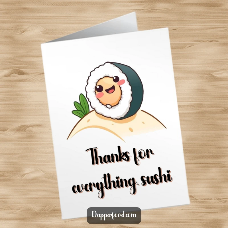 Funny Free Printable Thank You Card: A joyful sushi roll character gleefully rolls downhill, expressing thanks.