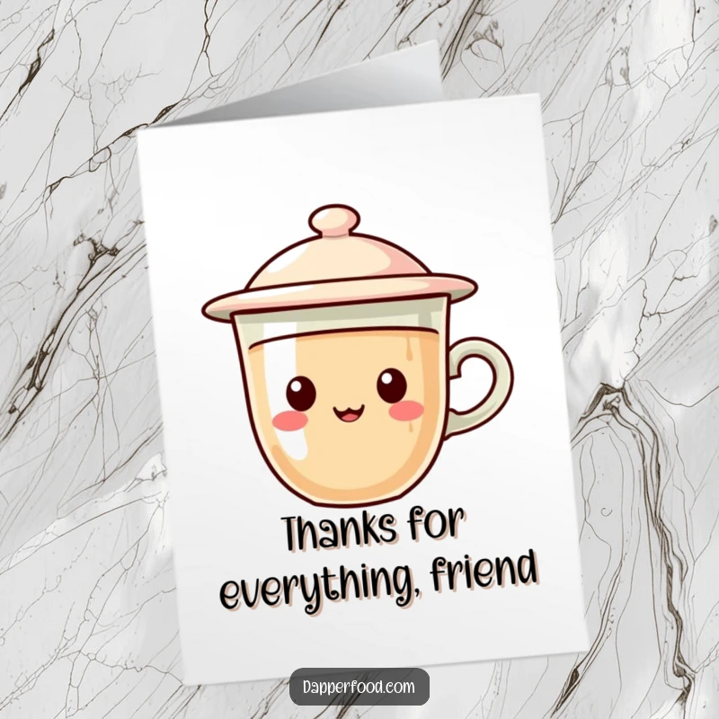 Funny Free Printable Thank You Card with a charming coffee cup character, its lid a flying saucer, hovering with thanks.