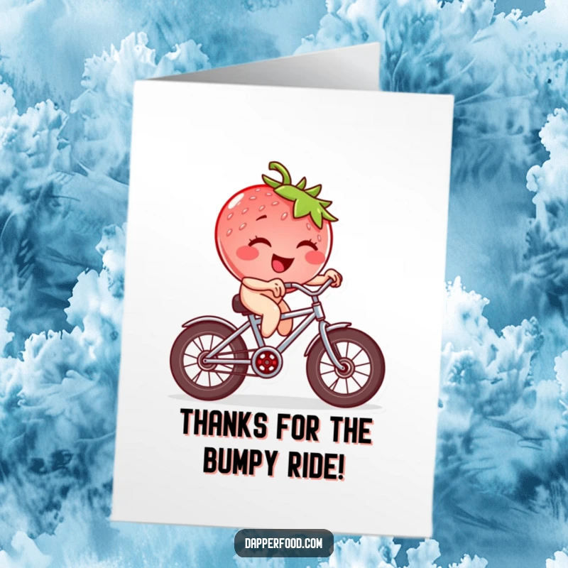 Funny Free Printable Thank You Card: Winking strawberry character rides a tiny bicycle with square wheels, expressing thanks.