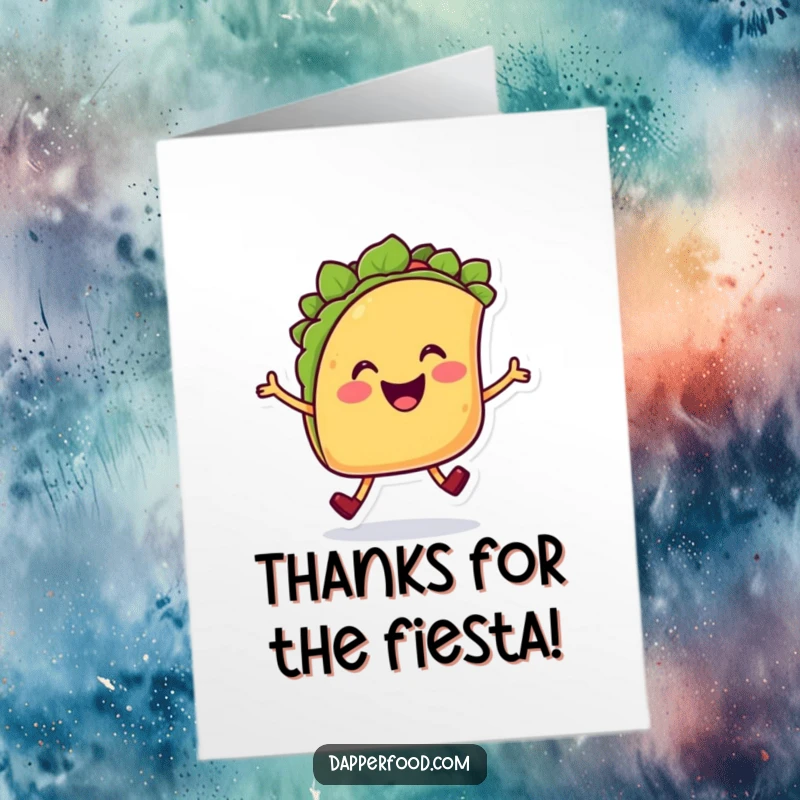 Funny Free Printable thank you card featuring a smiling taco character with legs hopping, expressing warm thanks.