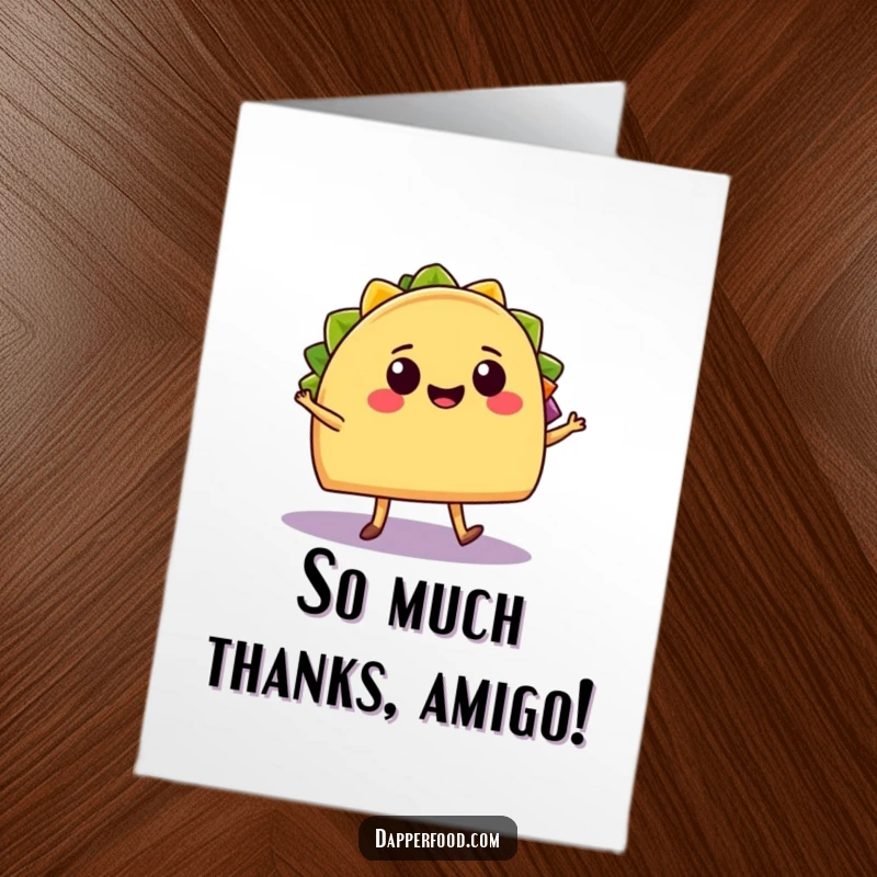 Funny free printable thank you card: a cheerful taco with legs salsa dances with a smiling burrito, expressing thanks with festive moves.