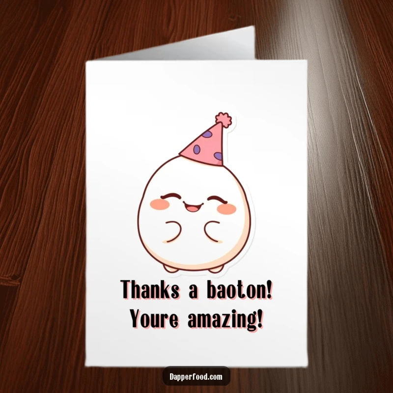 Funny Free Printable Thank You Card: Cheerful dumpling winking in a tiny party hat, expressing thanks.