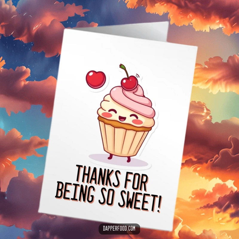 Funny Free Printable Thank You Card: Cute blushing cupcake playfully tossing a cherry, sweet and heartfelt art.