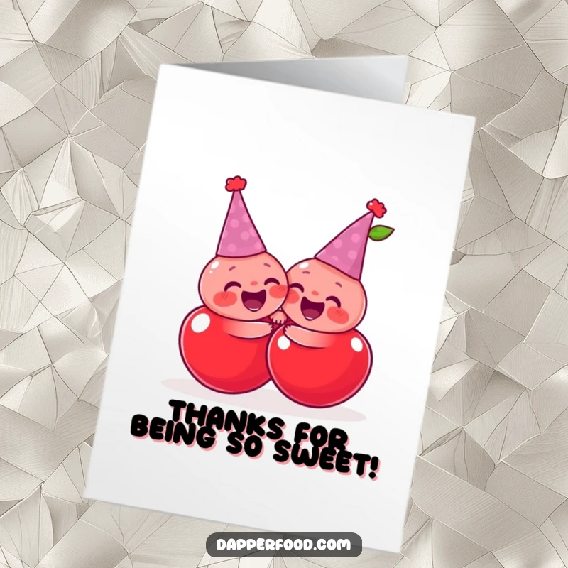 Funny Free Printable Thank You Card: Giggling cherries in tiny party hats share a joyful, exaggerated hug, conveying thanks.