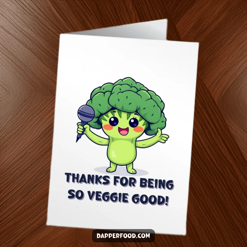 Funny free printable thank you card: a broccoli floret holds a tiny microphone, ready to deliver a heartfelt thank you.