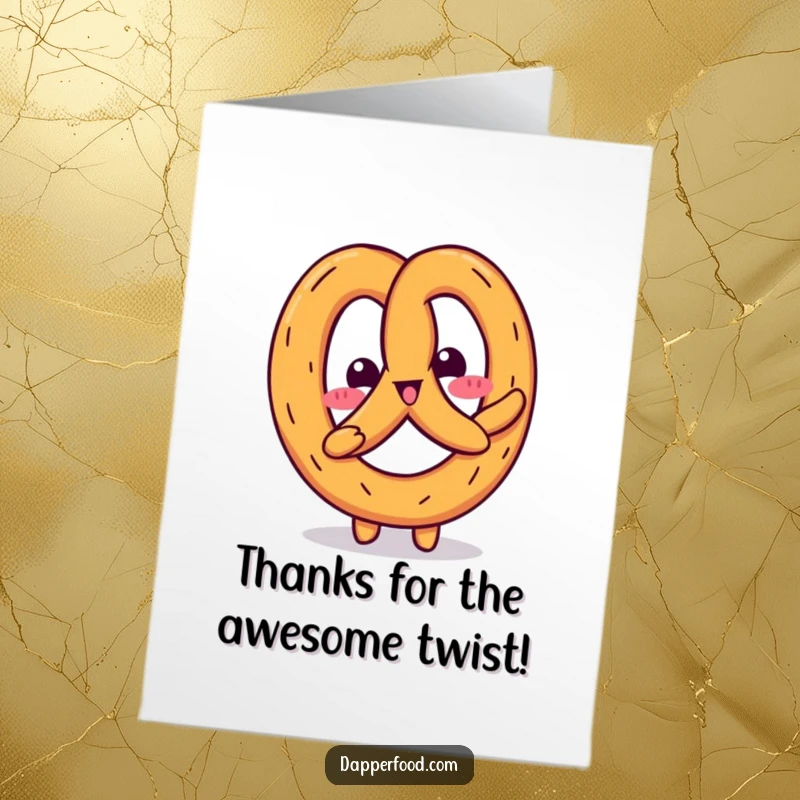 Funny Free Printable Thank You Card: A happy Kawaii pretzel does a funny wiggle, conveying heartfelt thanks with humor.