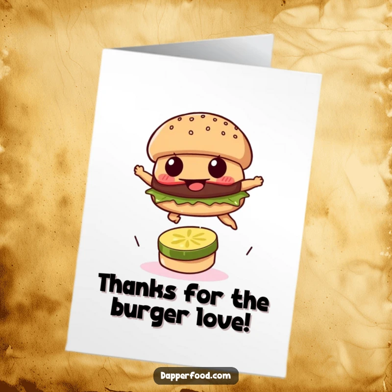 Funny Free Printable Thank You Card: A determined burger patty leaping happily over a pickle.