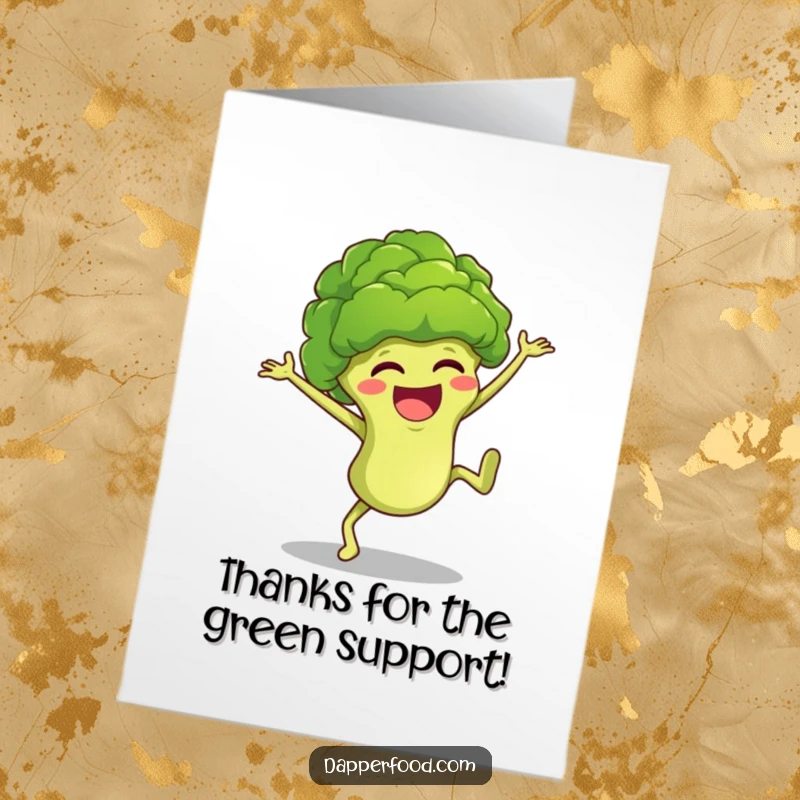 Funny Free Printable Thank You Card: A gleeful broccoli floret doing a cartwheel, expressing thanks with vibrant energy and smiles.