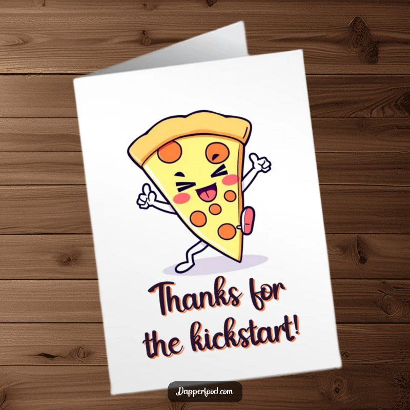 Funny Free Printable Thank You Card: Kawaii pizza slice with a determined grin performing a thankful kick.