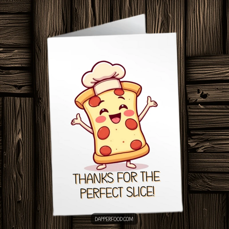 Funny free printable thank you card: A pizza slice in a dramatic chef pose with a tiny hat, expressing thanks.