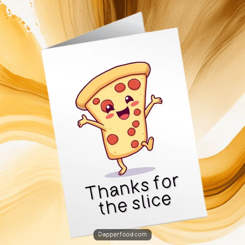 Funny Free Printable Thank You Card: A delighted pizza character executes a dramatic cartwheel, conveying thanks.