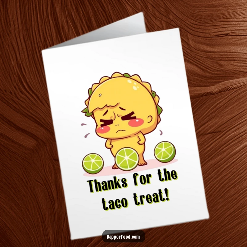 Funny Free Printable Thank You Card: A nervous taco sweating while juggling three lime slices.