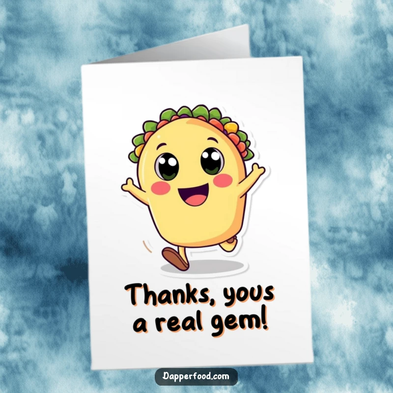 Funny Free Printable Thank You Card: A cartwheeling taco conveying heartfelt, humorous gratitude to someone special