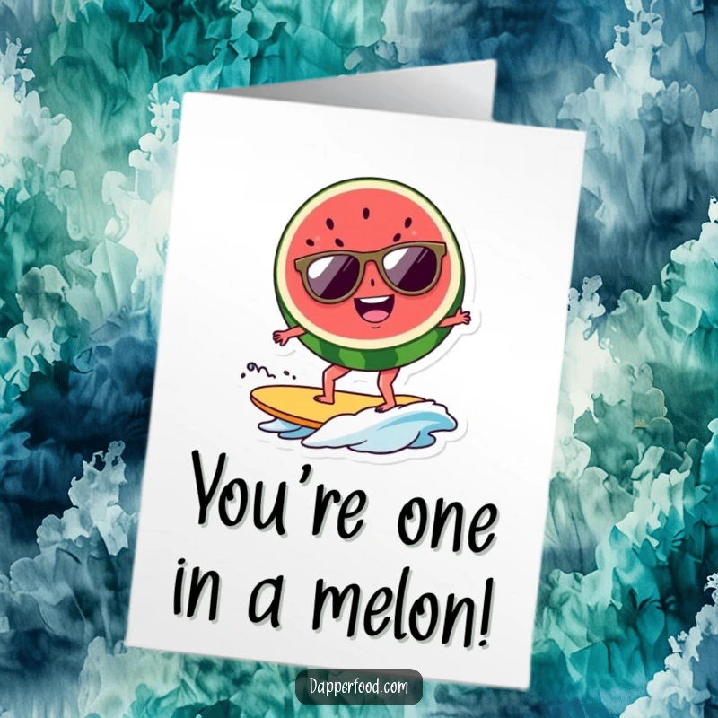Funny Free Printable Thank You Card: A happy, sunglass-wearing watermelon slice surfing a wave.