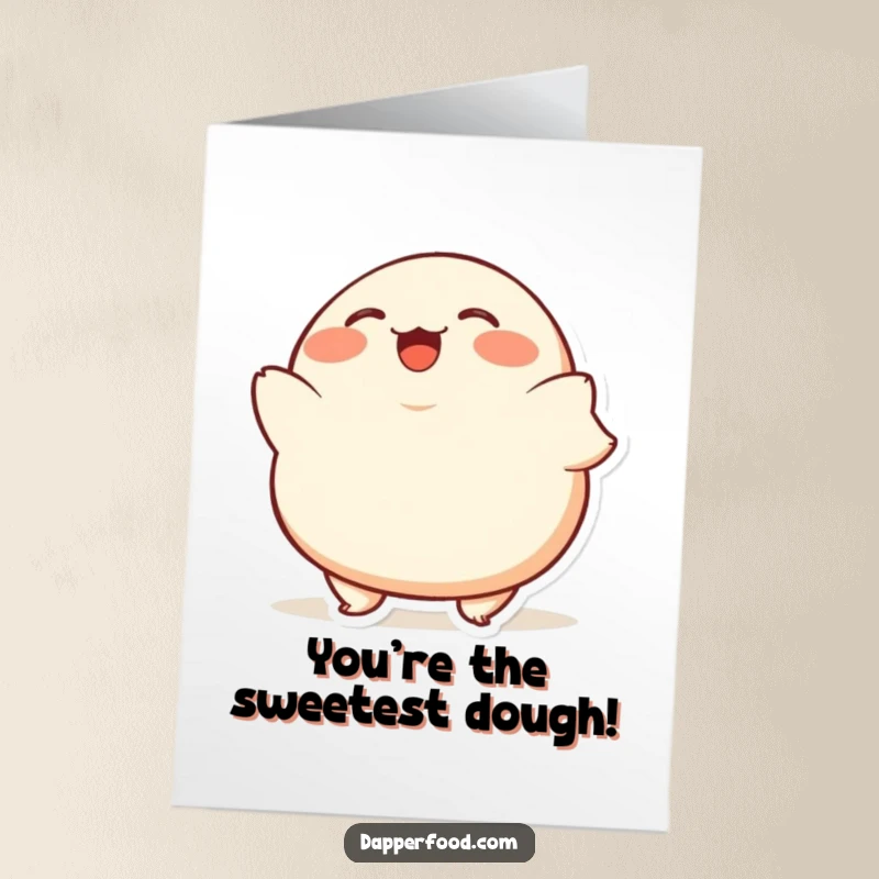 Funny Free Printable thank you card featuring a plump, giggling dumpling character bobbing happily, conveying gratitude.