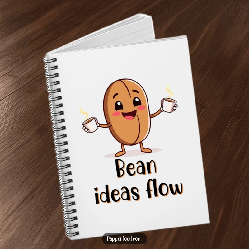 Funny Notebook: Grinning anthropomorphic coffee bean character enthusiastically juggling tiny steaming cups, on the cover of a journal for energetic ideas.
