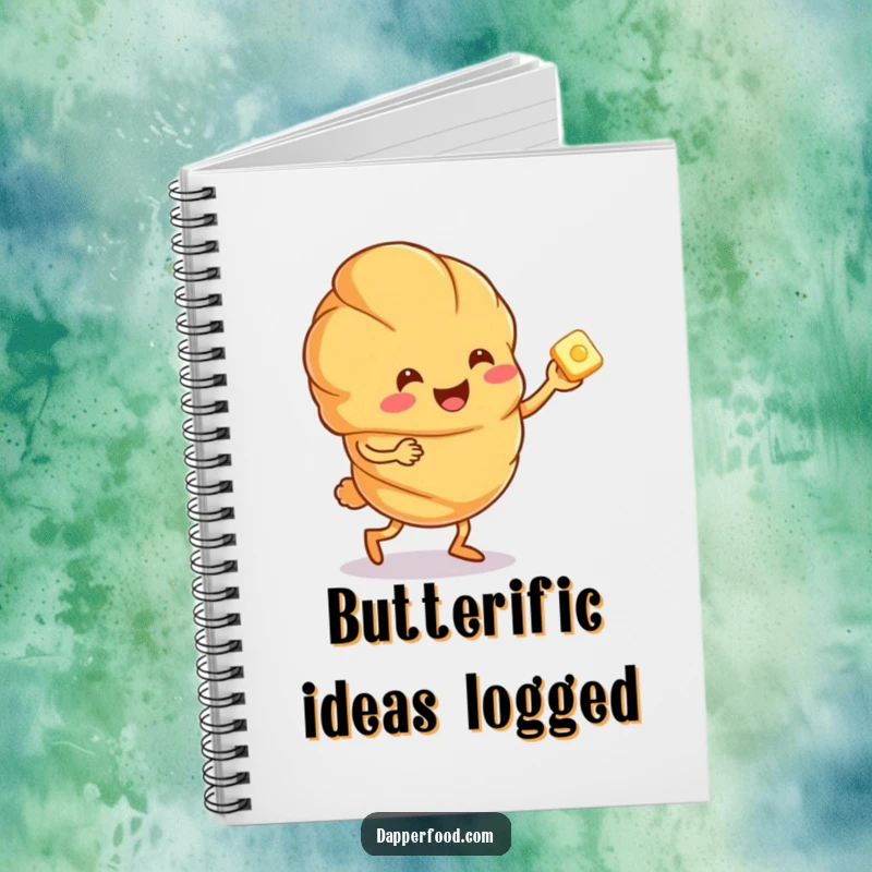 Funny croissant character doing a joyful jig with a tiny butter pat, featured on the cover of a humorous notebook.