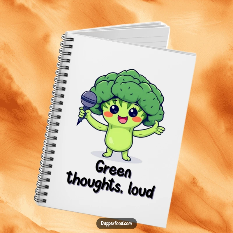 Funny notebook with a proud broccoli floret character holding a tiny microphone, perfect for jotting down song lyrics or brilliant ideas.