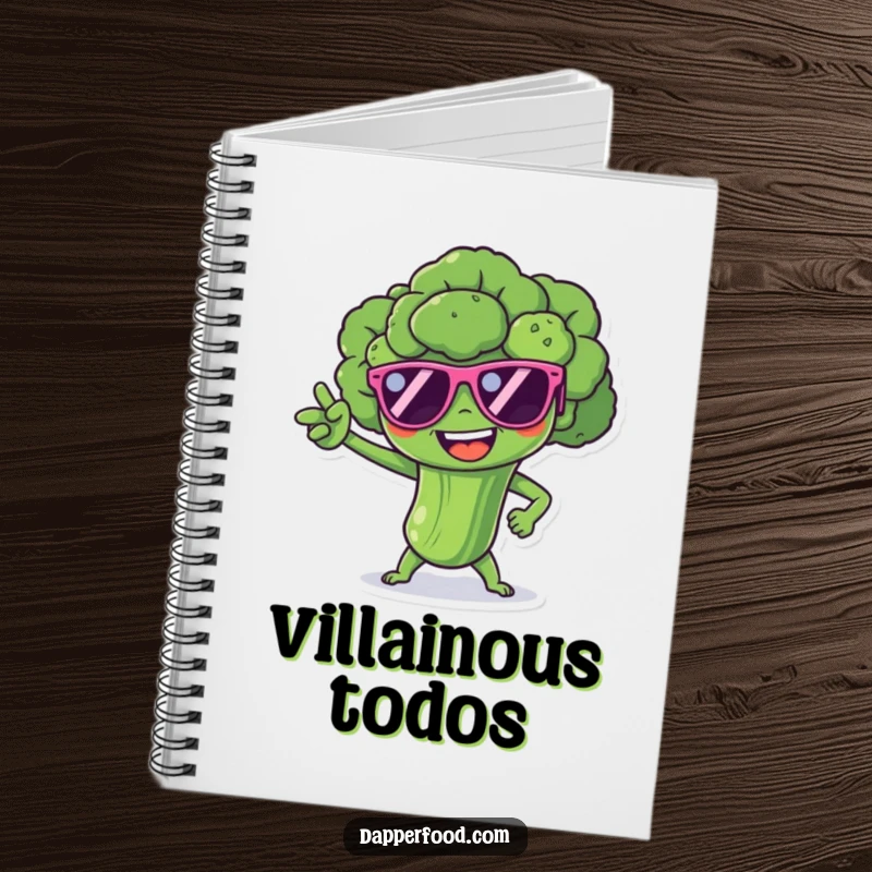 Funny broccoli spear character with tiny sunglasses, striking a superhero pose, a humorous notebook for notes.