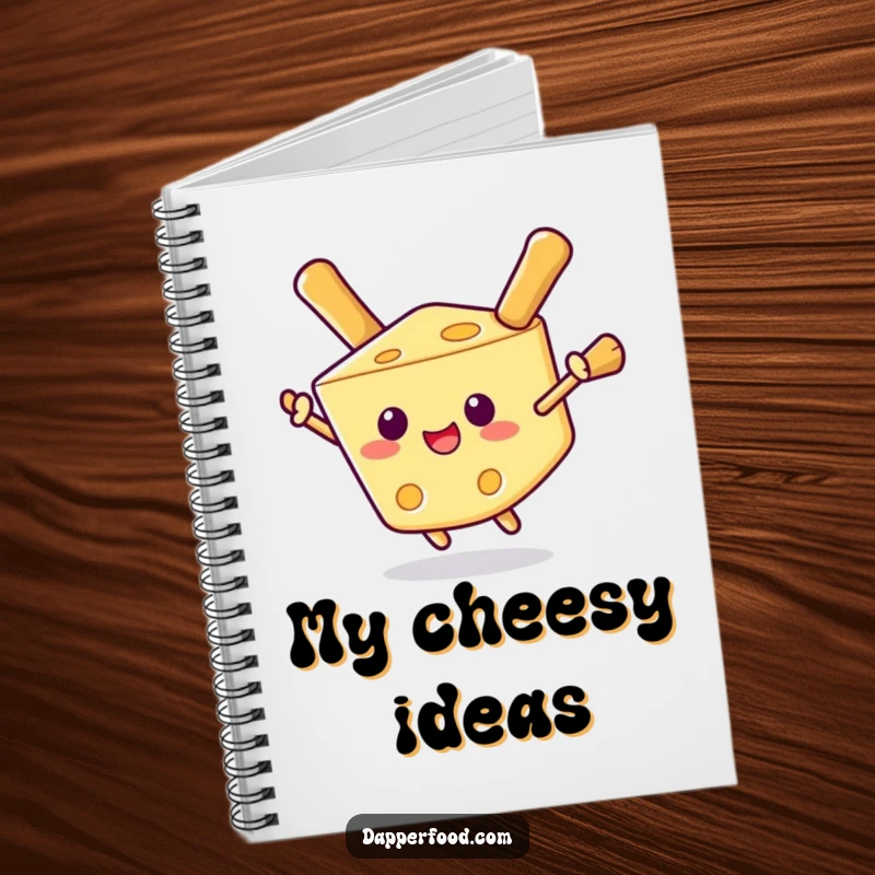 Funny notebook with a delighted cheese wedge using breadstick wings for flight, perfect for jotting down creative ideas.