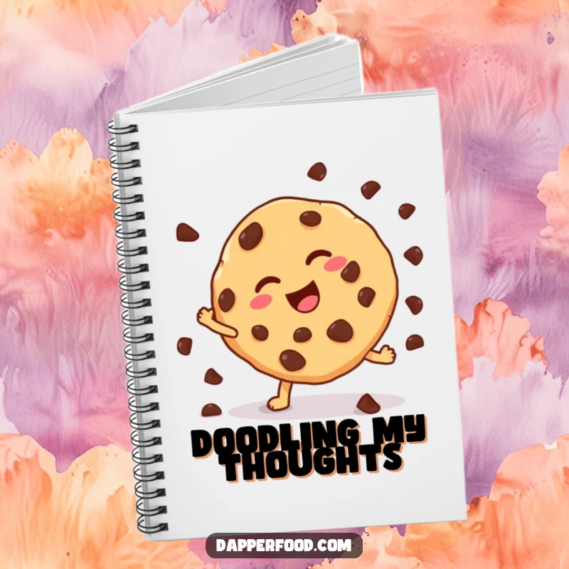 Funny cookie cartwheel notebook, featuring a chocolate chip cookie attempting a cartwheel, ready for your notes. A unique funny gift.