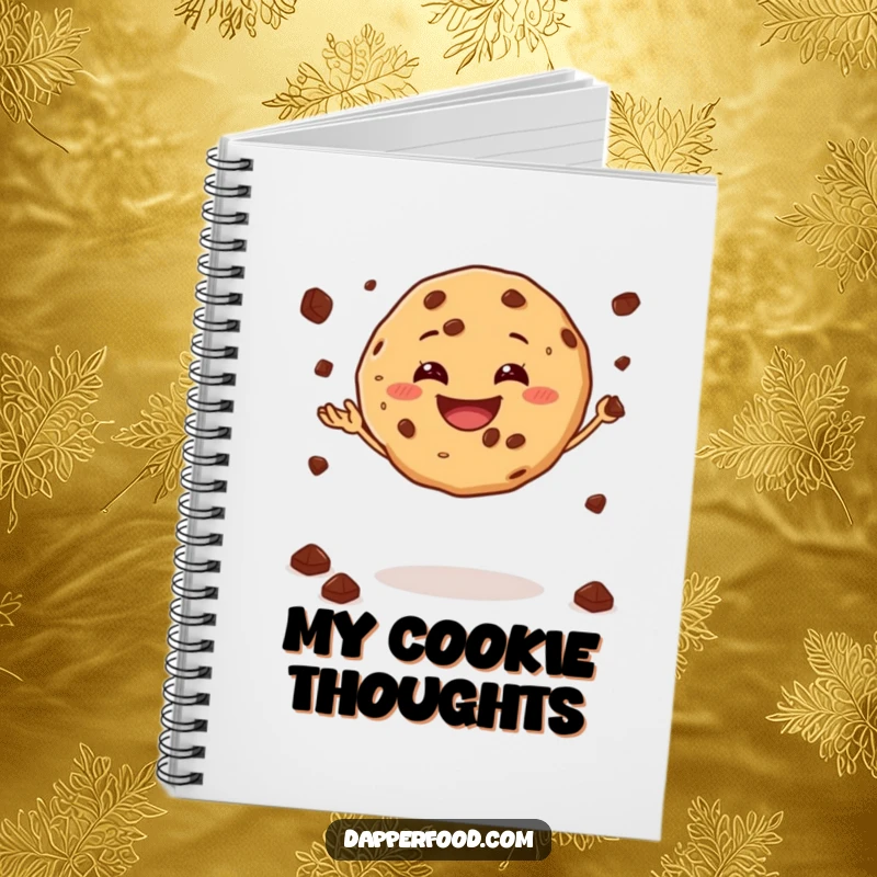 Funny notebook with a grinning cookie juggling chocolate chips while balancing, ideal for jotting baking ideas.