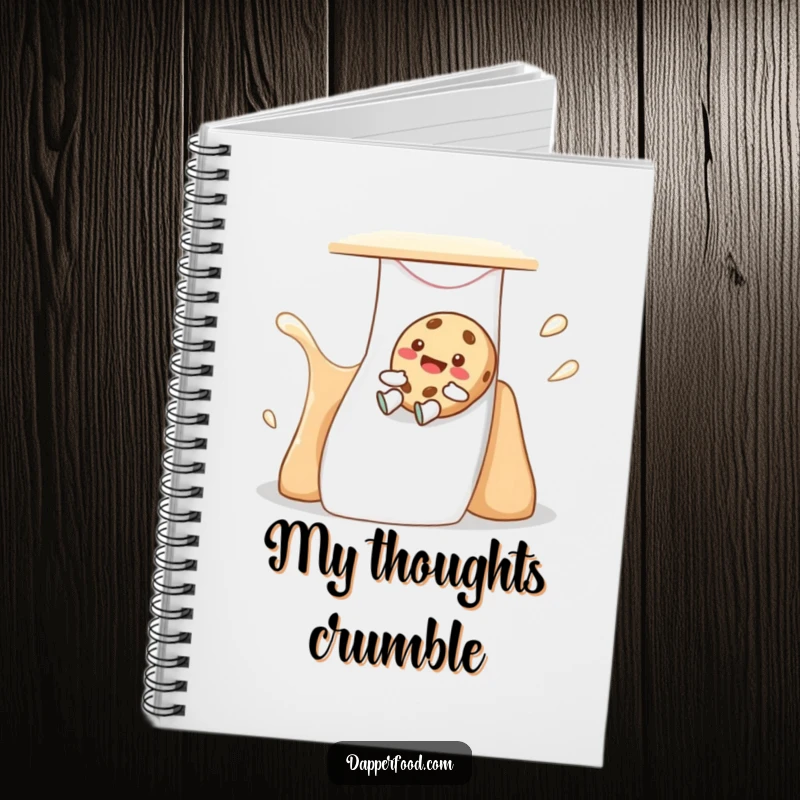 Funny cookie notebook with a giggling character sliding down a milk-flavored slide, designed for jotting down sweet ideas.