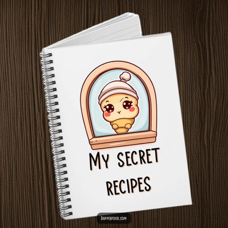 Funny notebook with a curious croissant character with eyes and a tiny hat, peeking from a bakery window, for note-taking.
