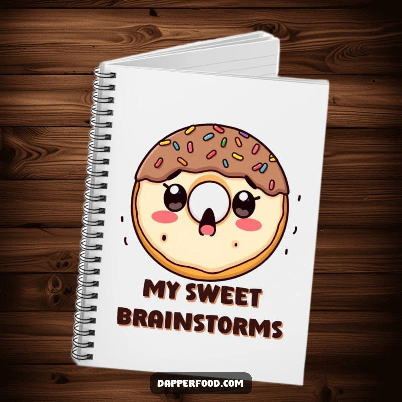 Funny notebook cover with a surprised doughnut character experiencing a delightful shower of colorful sprinkles.