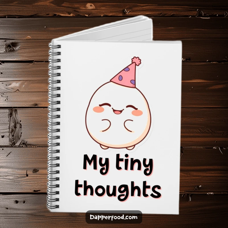 Funny notebook with a cheerful dumpling winking and wearing a tiny party hat, perfect for capturing festive ideas.