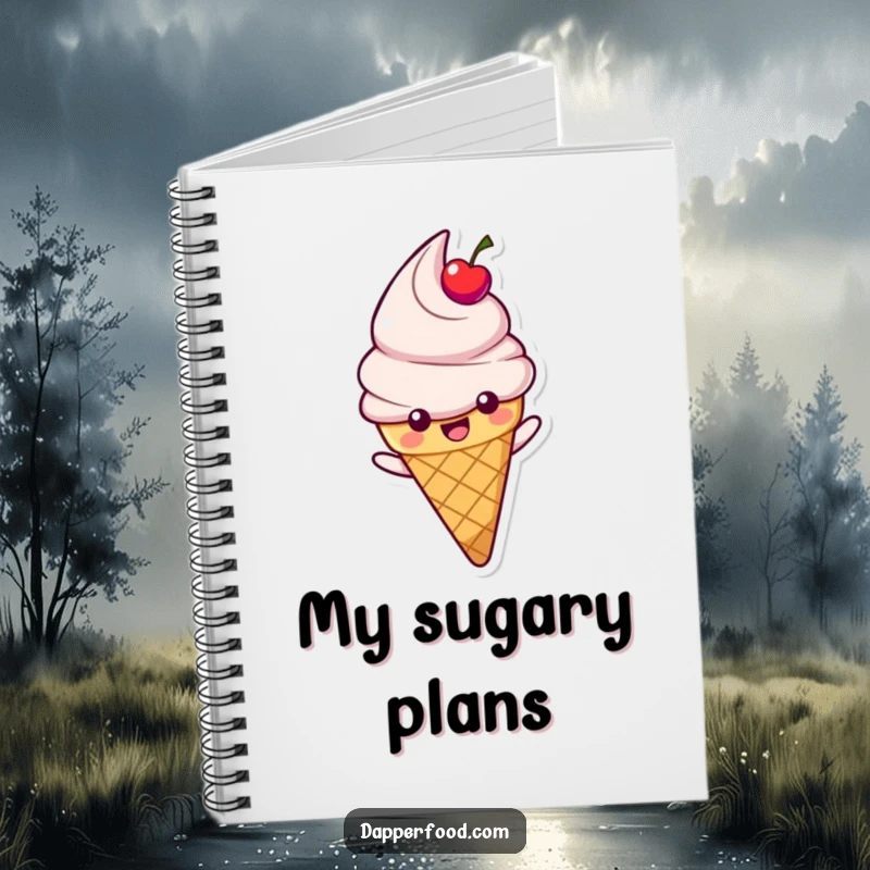 Funny Ice Cream Notebook featuring a happy cone character with cherry topping, sliding down a rainbow, perfect for jotting down sweet thoughts with joy.