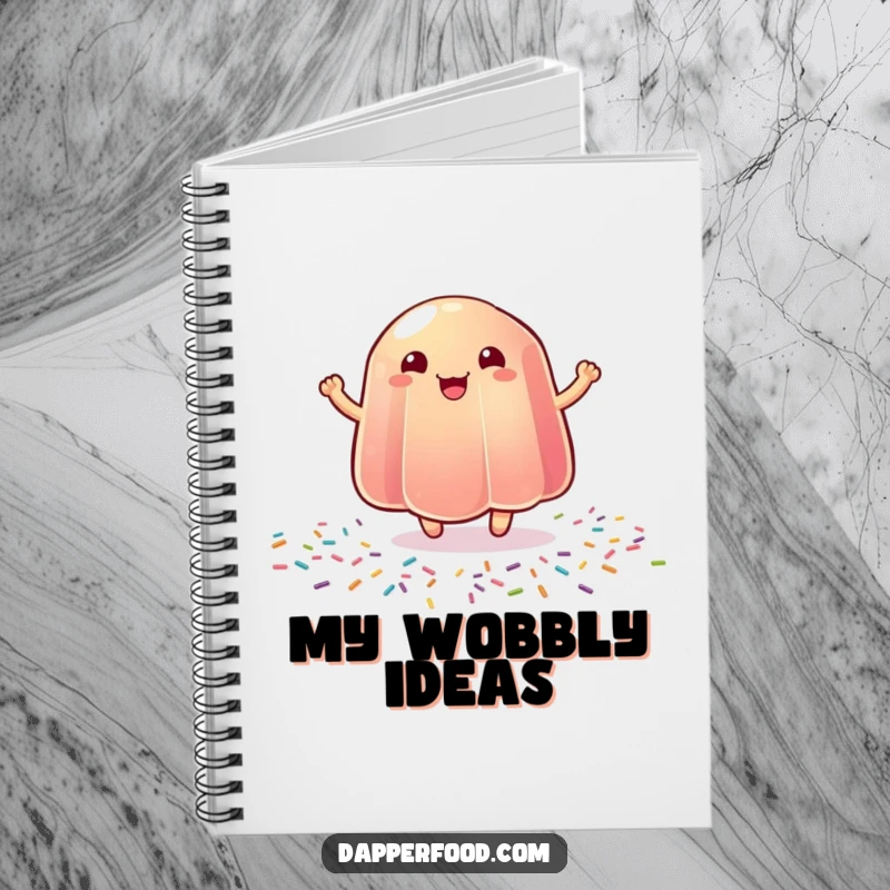 Funny notebook with a wobbly jelly bouncing happily on a sprinkle background, ideal for jotting sweet thoughts.