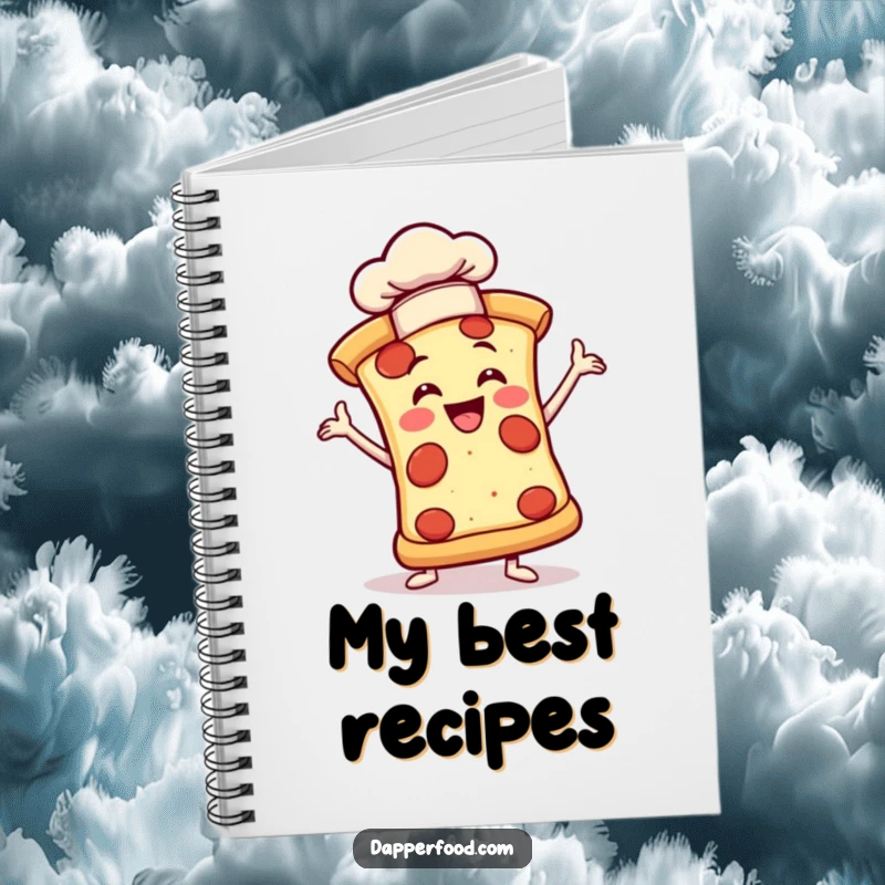 Funny notebook with a joyful pizza slice in a dramatic pose wearing a tiny chef hat, perfect for notes.