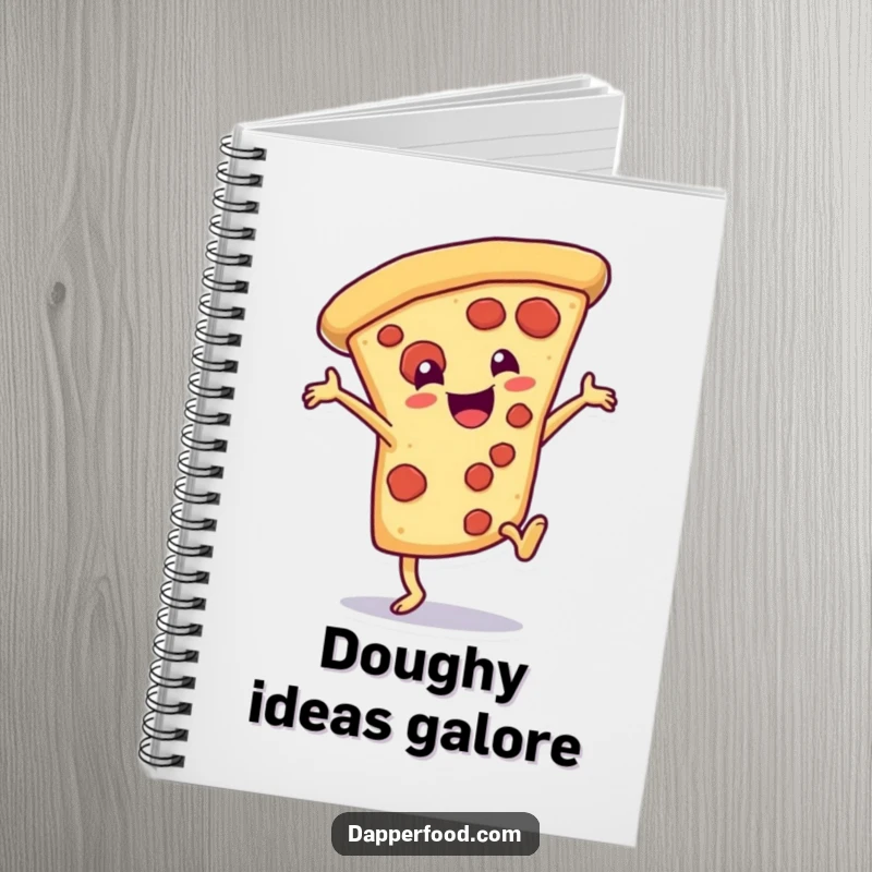 Funny Notebook with a delighted pizza slice character doing a dramatic cartwheel, ready for notes and inspiration.