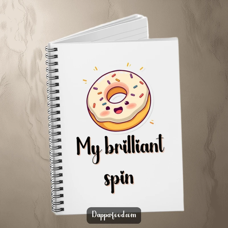 Funny notebook with an excited donut with sprinkles joyfully spinning on its edge, perfect for notes.