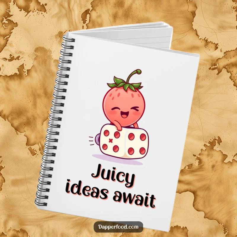 Funny Notebook with a winking strawberry character riding a rolling dice, ready for notes and inspiration.