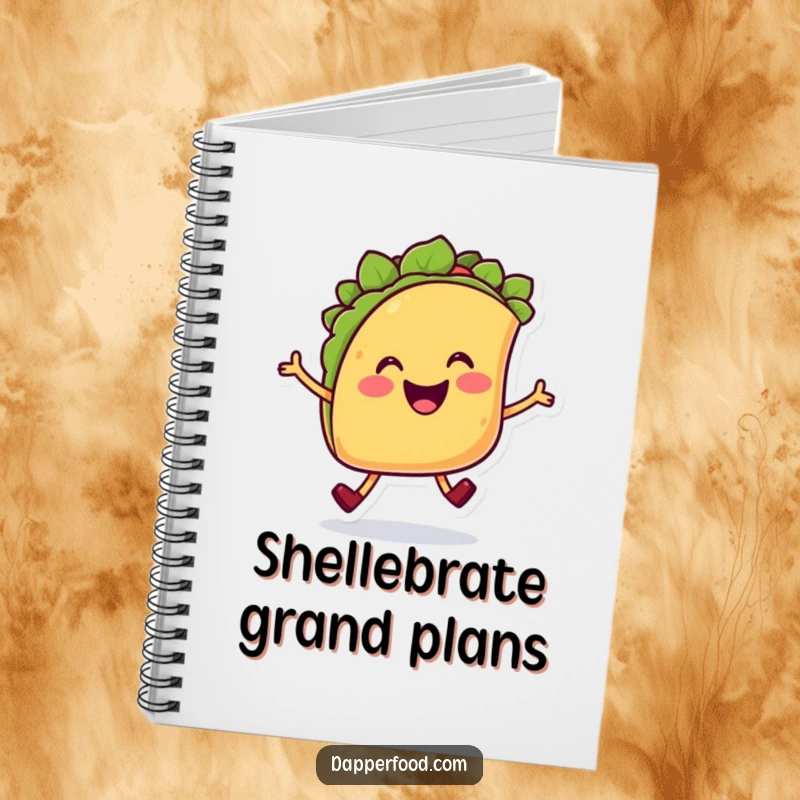 Funny Taco Hop Notebook featuring a cheerful smiling taco character with legs joyfully hopping, perfect for notes and ideas.