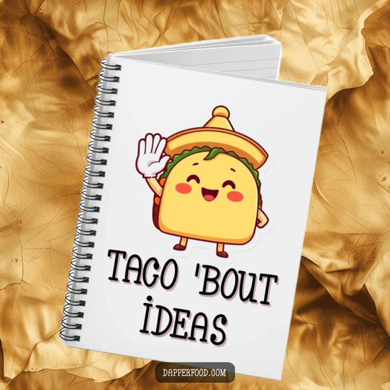 Funny Notebook with a happy taco character in a sombrero, enthusiastically saluting, ready for notes and doodles.