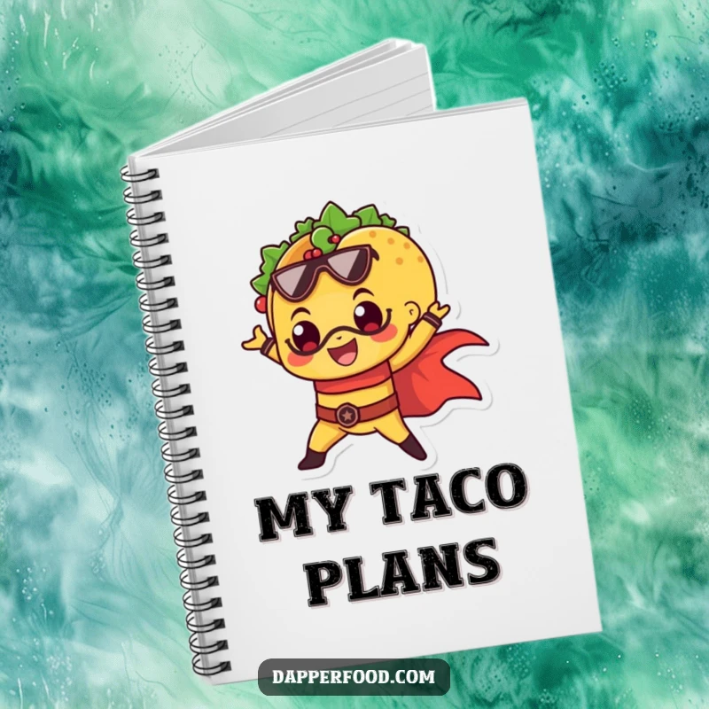 Funny notebook with a cheerful taco striking a superhero pose, perfect for jotting down heroic plans.