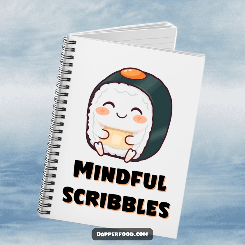 Funny notebook with a grinning sushi roll with eyes closed, serenely meditating, perfect for jotting notes.