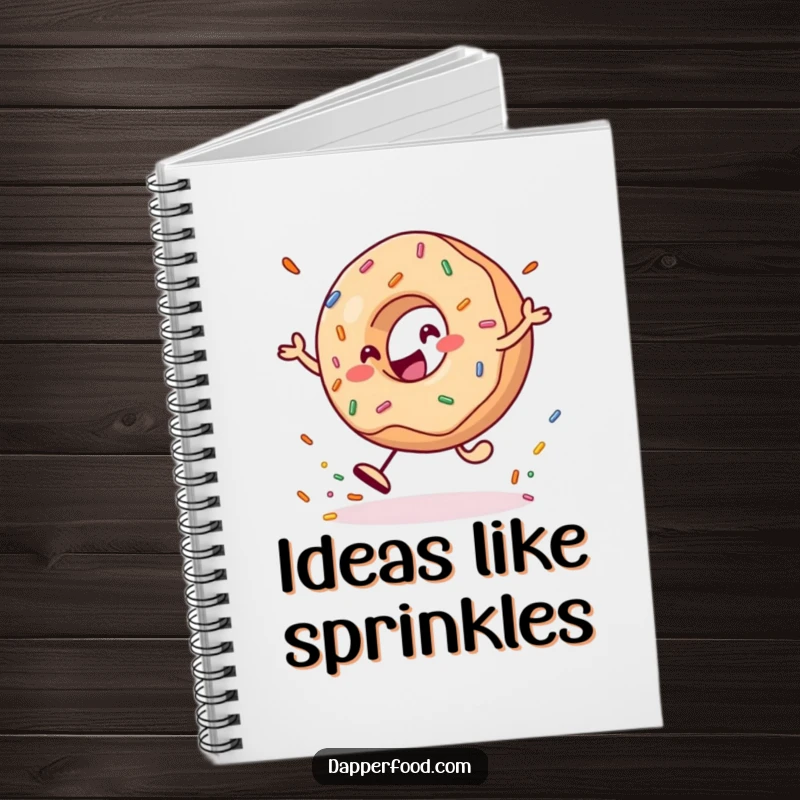 Funny Notebook with a cheerful donut character bouncing a large sprinkle, ready for notes and inspiration.