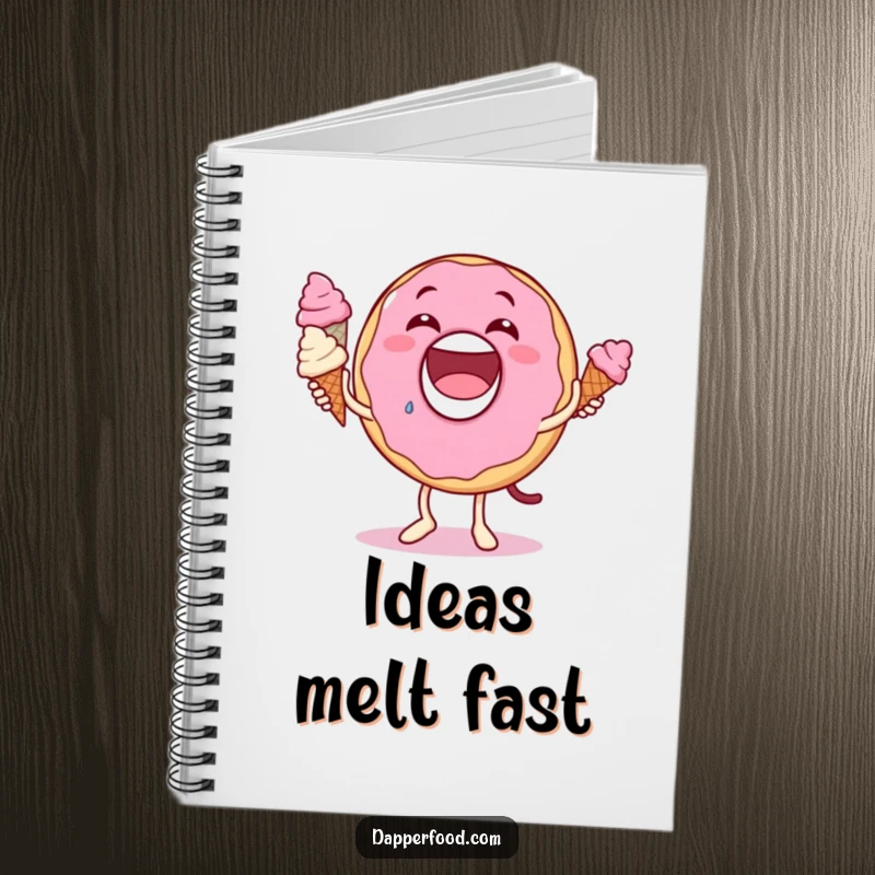 Funny donut character notebook, delighted expression, juggling small ice cream cones, ideal for jotting down sweet and humorous ideas.