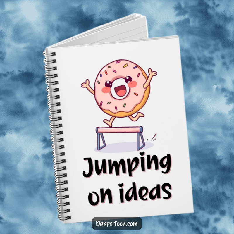 Funny notebook featuring a delighted donut character with sprinkles, leaping over a hurdle, designed for fun note-taking and creative planning. Excellent funny gift.